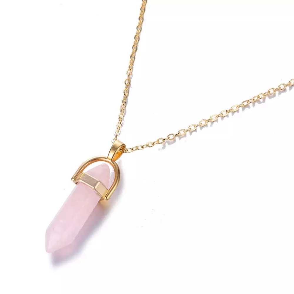Pink quartz crystal necklace boho gold chain bohemian chakra stone crystals yogi